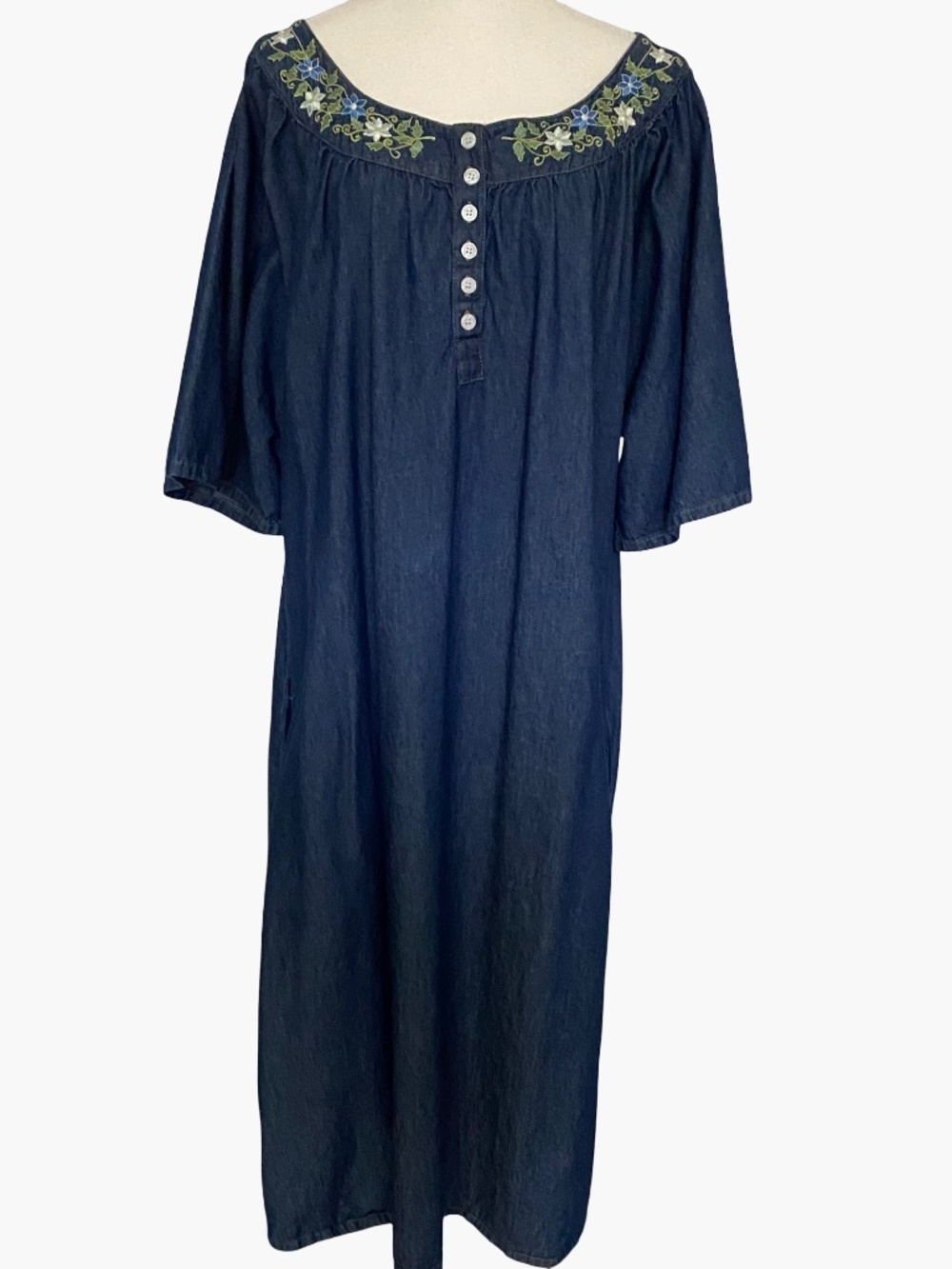 Sante Classics Cotton Light Denim Floral Embroidery Western Casual Midi Dress-M